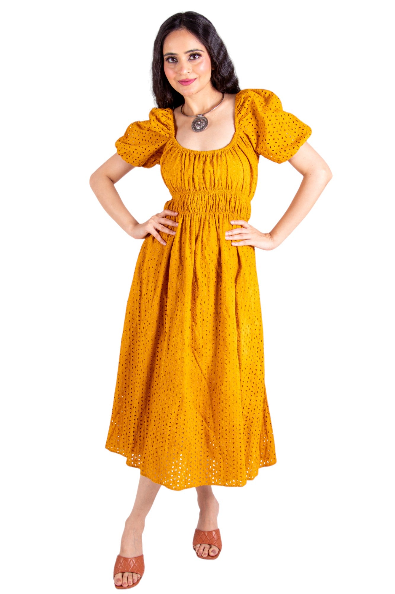 Schiffli Yellow Dress With Side Pockets