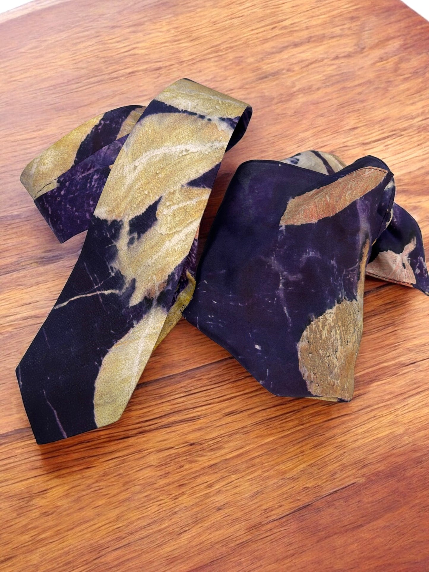 Blues Groove Ecoprinted Pure Silk Tie and Pocket Square