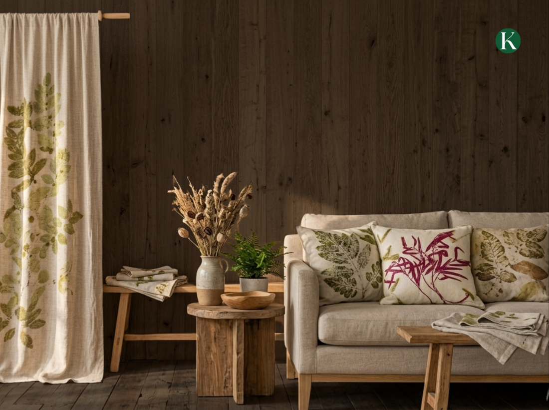 Eco printed linen curtains and botanical cushion covers for sustainable home decor
