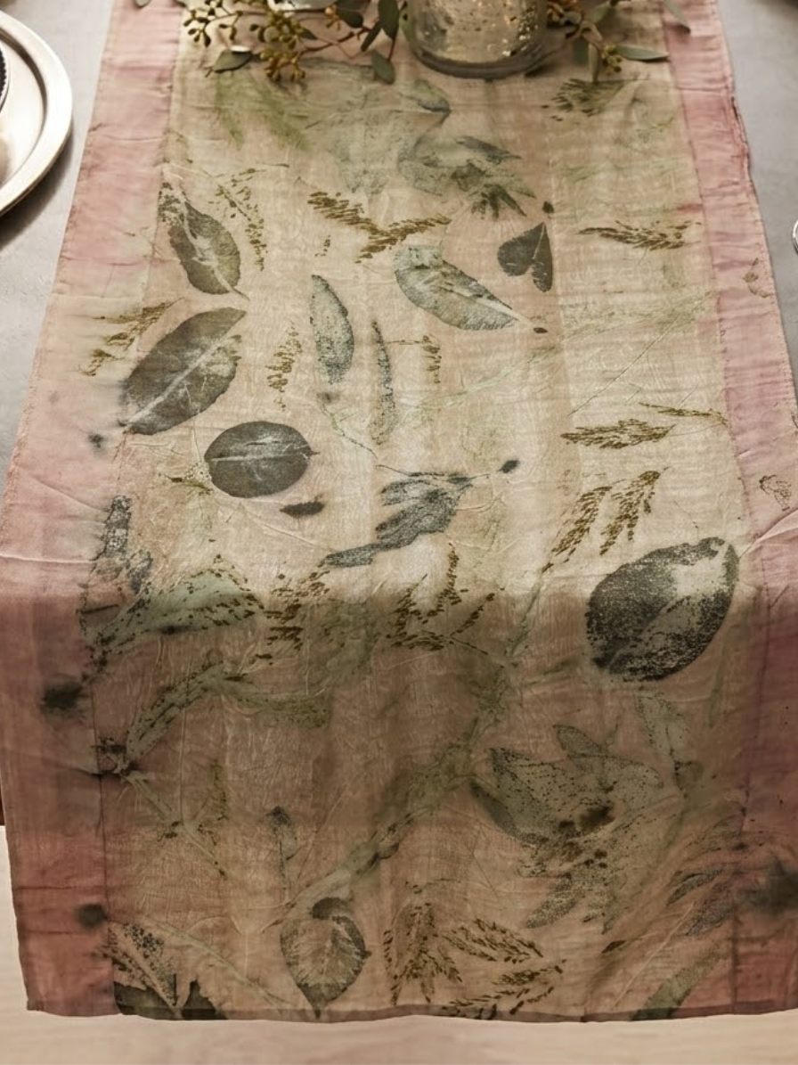 Woodland Trail Eco Printed Linen Table Runner with Botanical Leaf Art