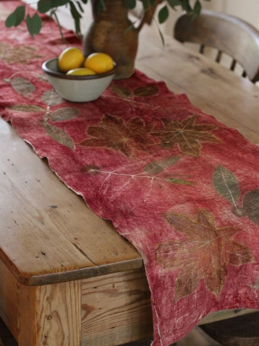 Wild Forest Smoke Eco Printed Linen Table Runner with Botanical Abstract Leaves