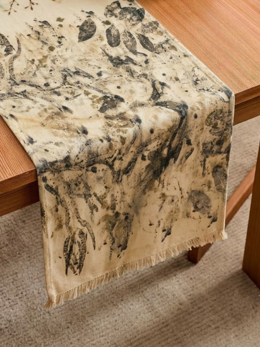 Handmade Earthen Clay Table Runner with Natural Leaf Prints