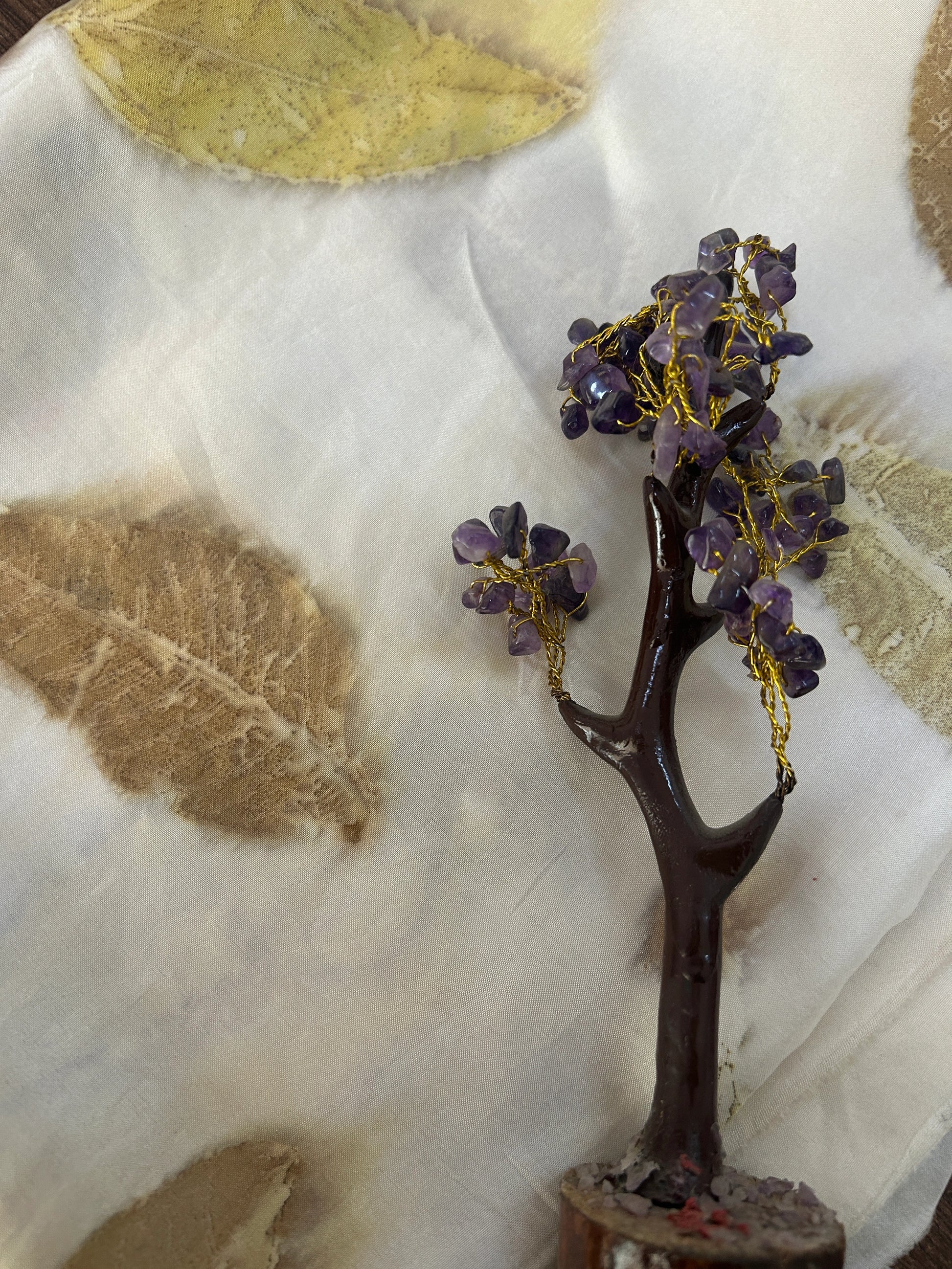 Decorative tree with purple beads on a Autumn Leaf Pure Silk Ecoprinted Fabric