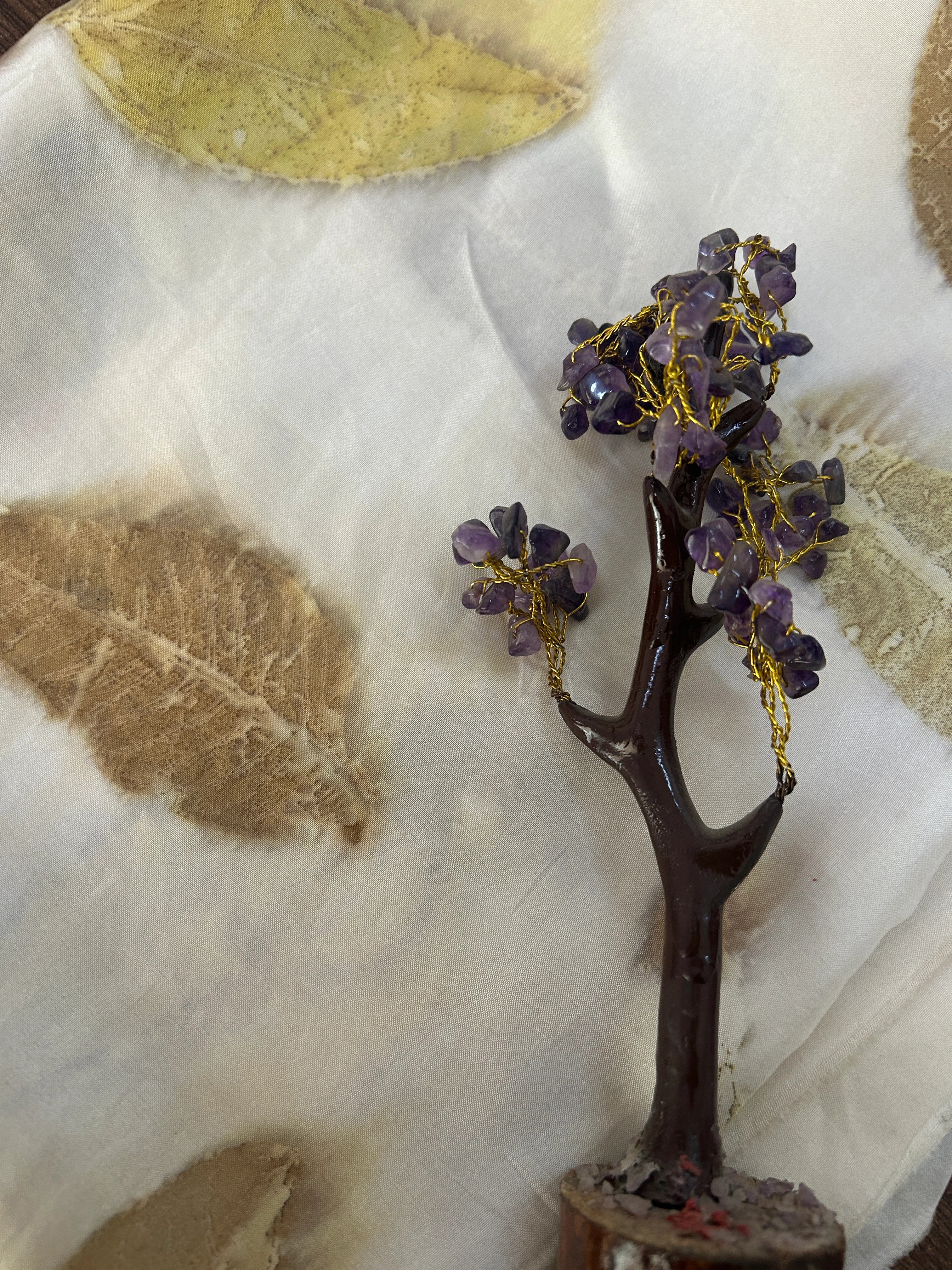 Decorative tree with purple beads on a Autumn Leaf Pure Silk Ecoprinted Fabric