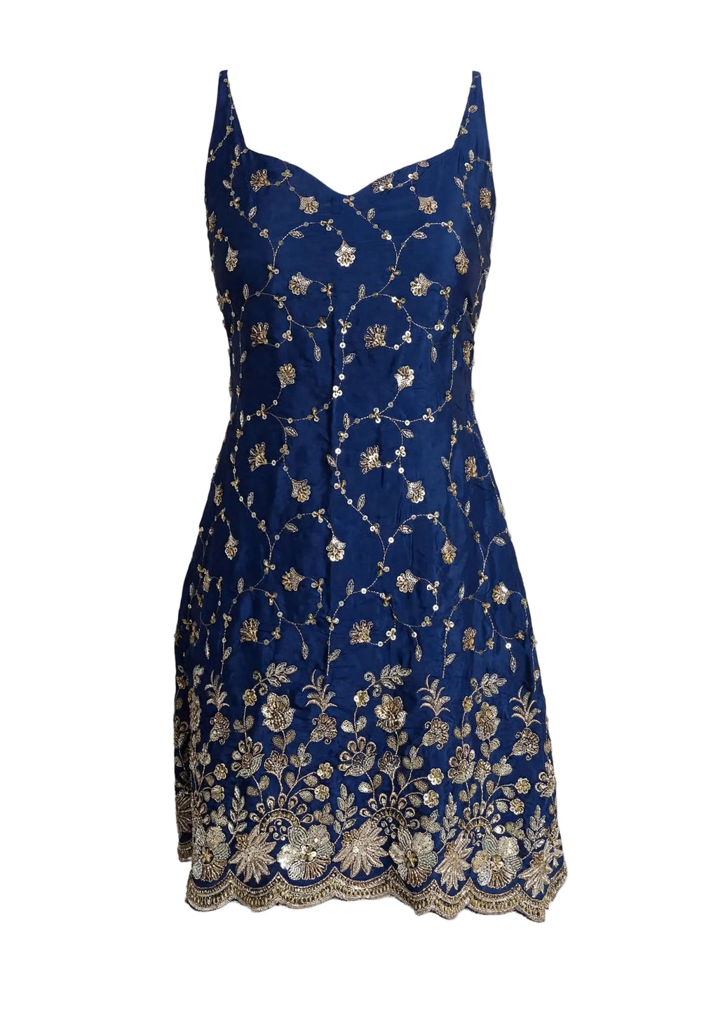 Blue heavy beaded one piece on transparent mannequin 