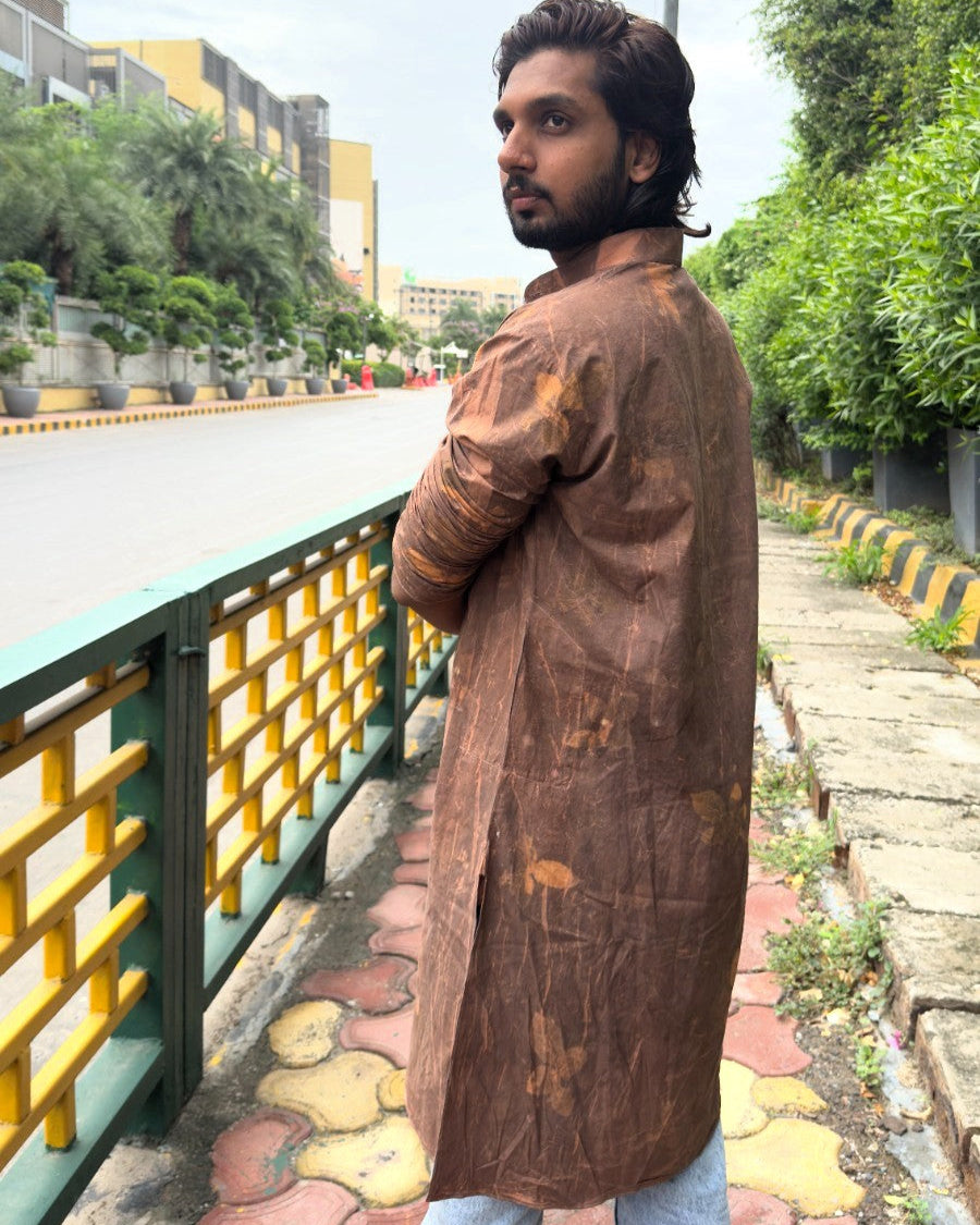 Brown Floral Men Cotton Long Kurta