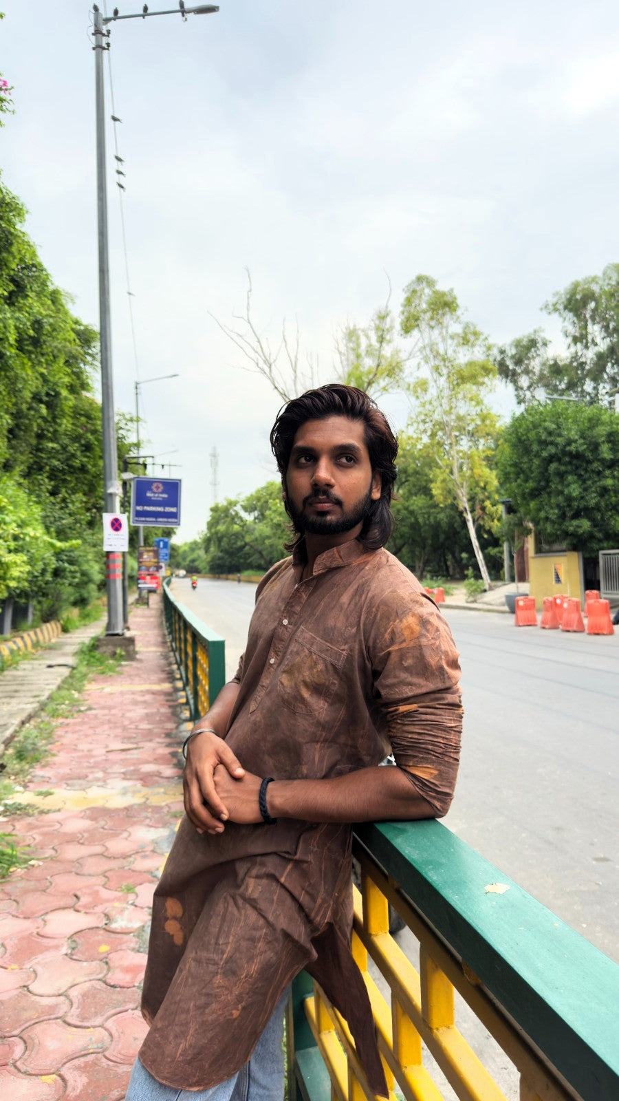 Brown Floral Men Cotton Long Kurta
