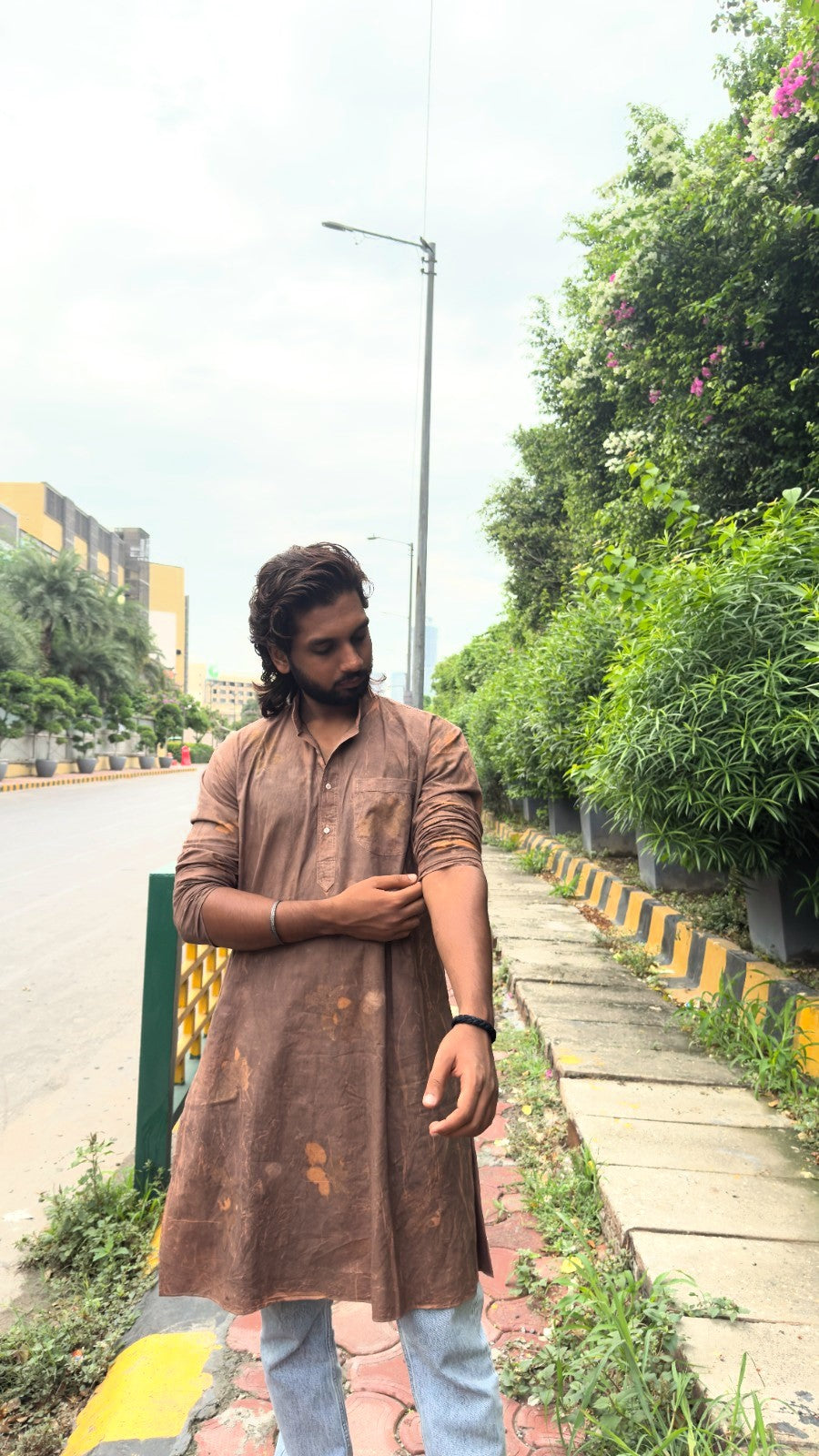 Brown Floral Men Cotton Long Kurta