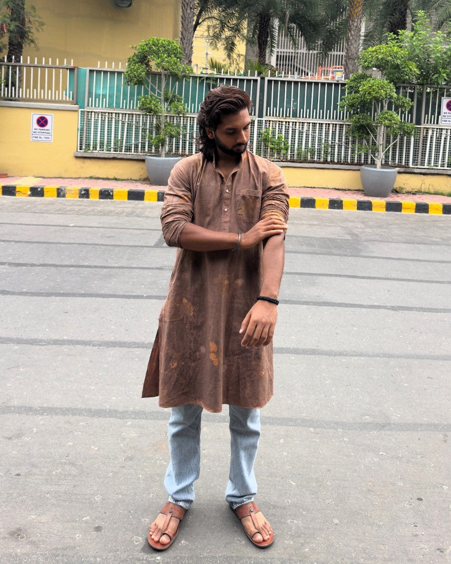 Brown Floral Men Cotton Long Kurta