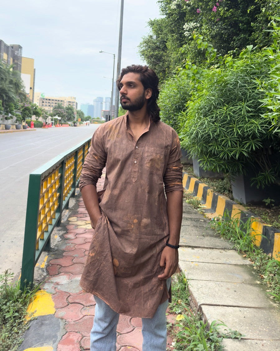 Brown Floral Men Cotton Long Kurta hands in pocket
