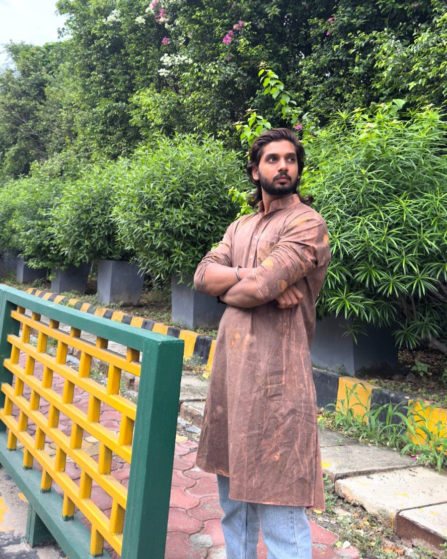 Brown Floral Men Cotton Long Kurta looking straight kokikar