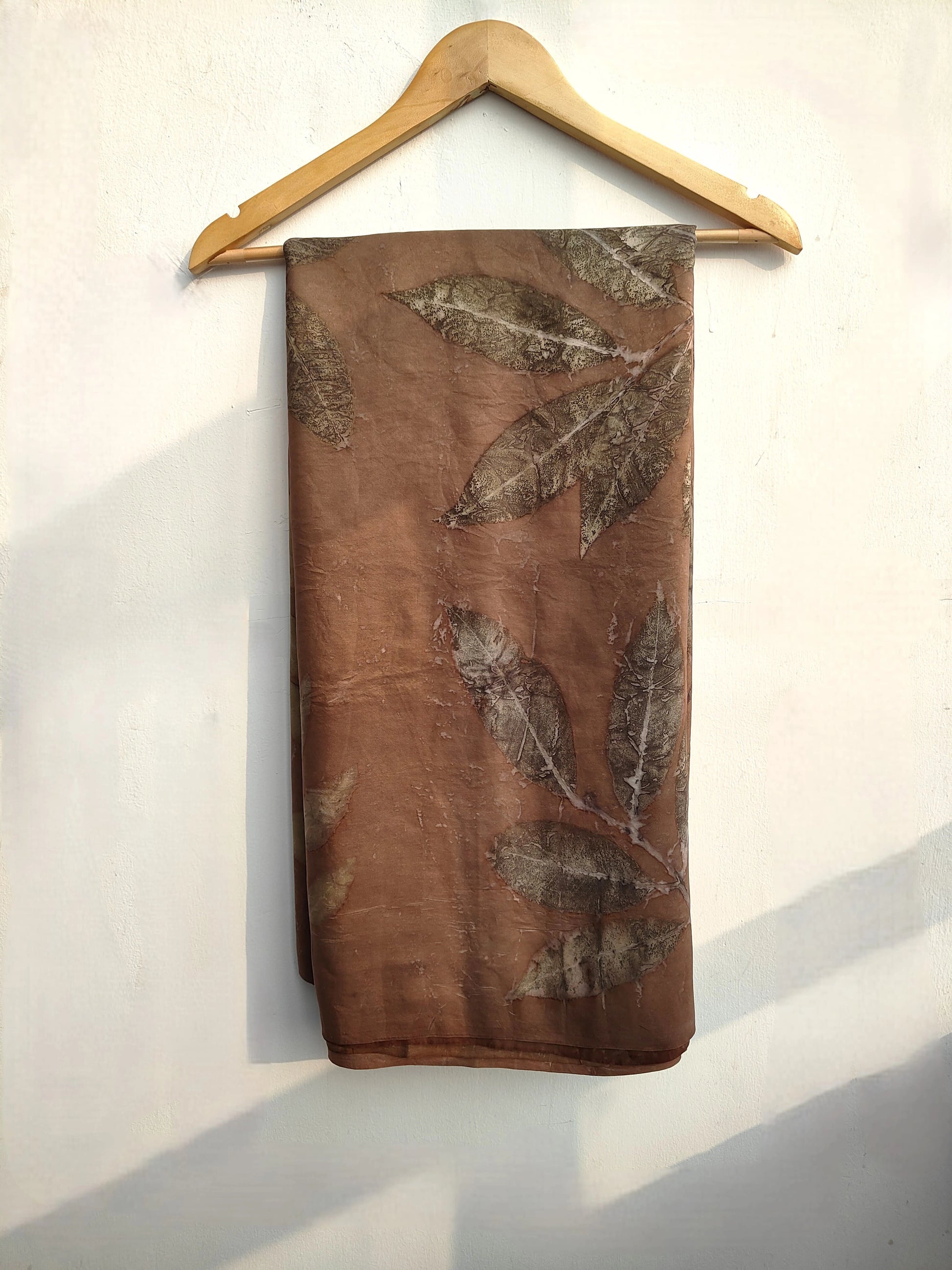 Brown Pure Silk Ecoprinted Saree by kokikar in sunlight 