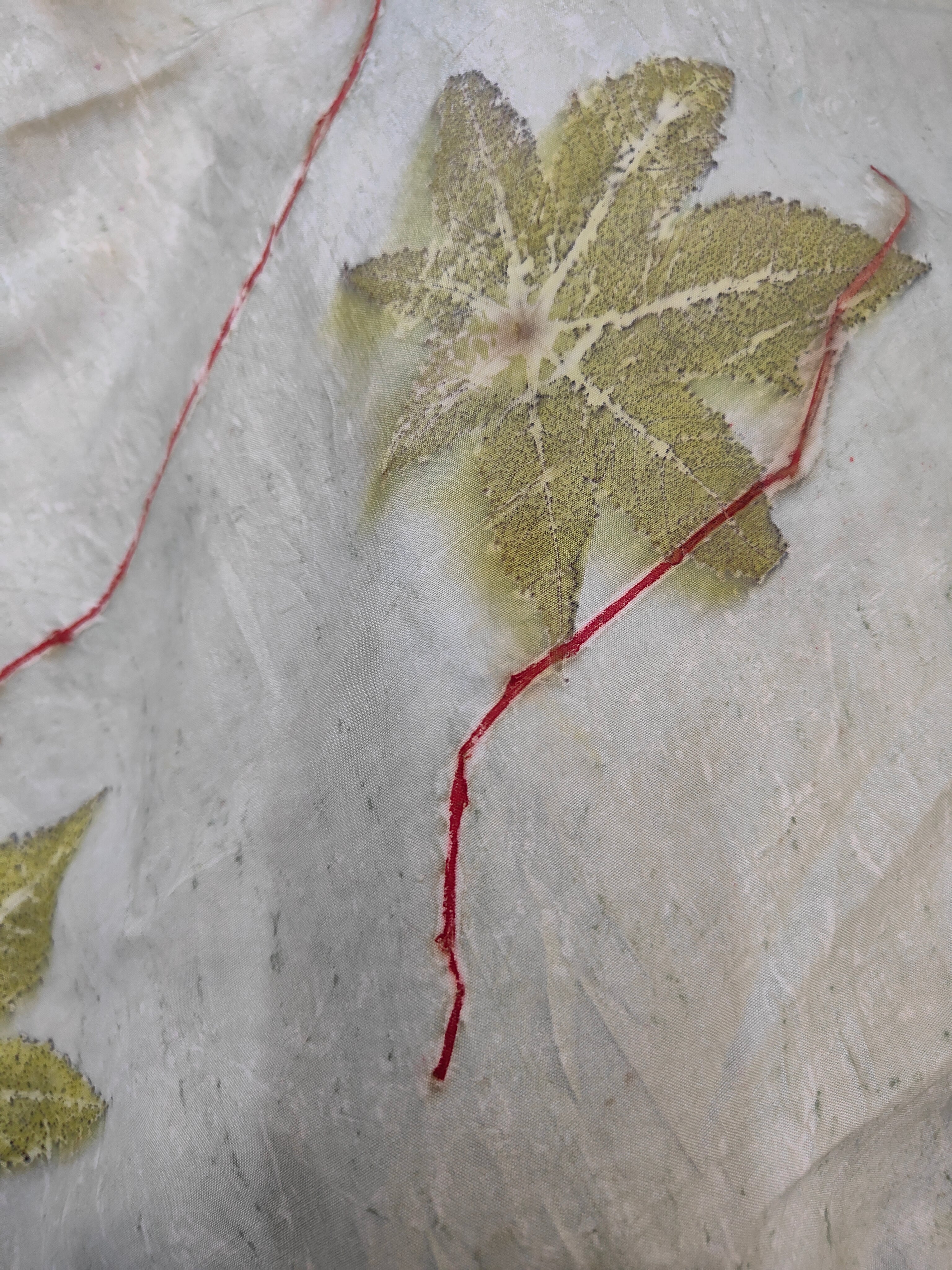 Castor leaf ecoprinted in handspun silk fabric