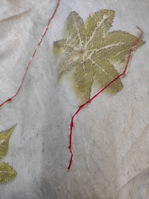 Castor leaf ecoprinted in handspun silk fabric