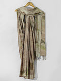 Castor Tapestry Ecoprinted Mulmul Cotton Saree by kokikar drapped on hanger