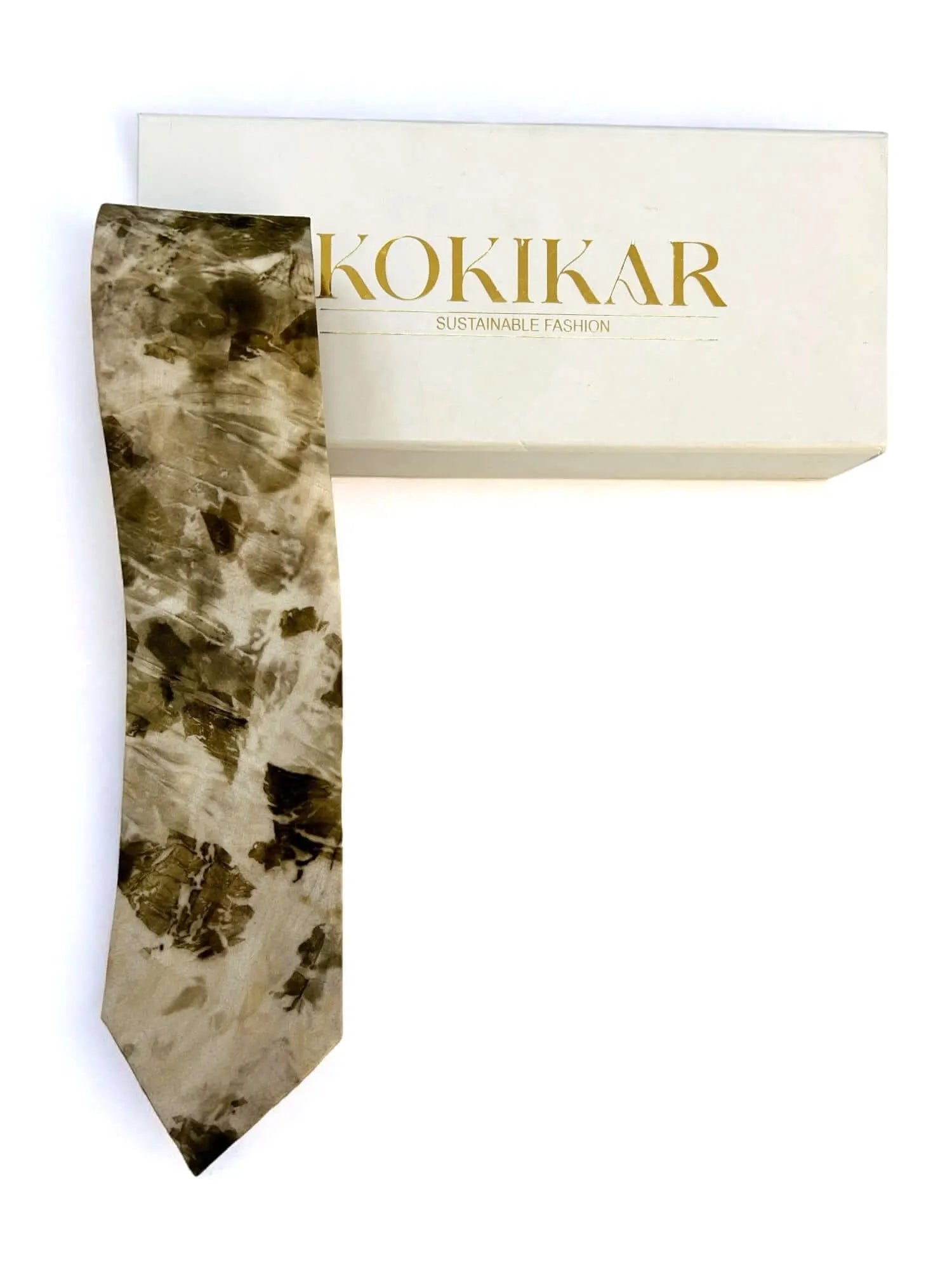 Tie with tie rack and 'Kokikar' branded box on a white background