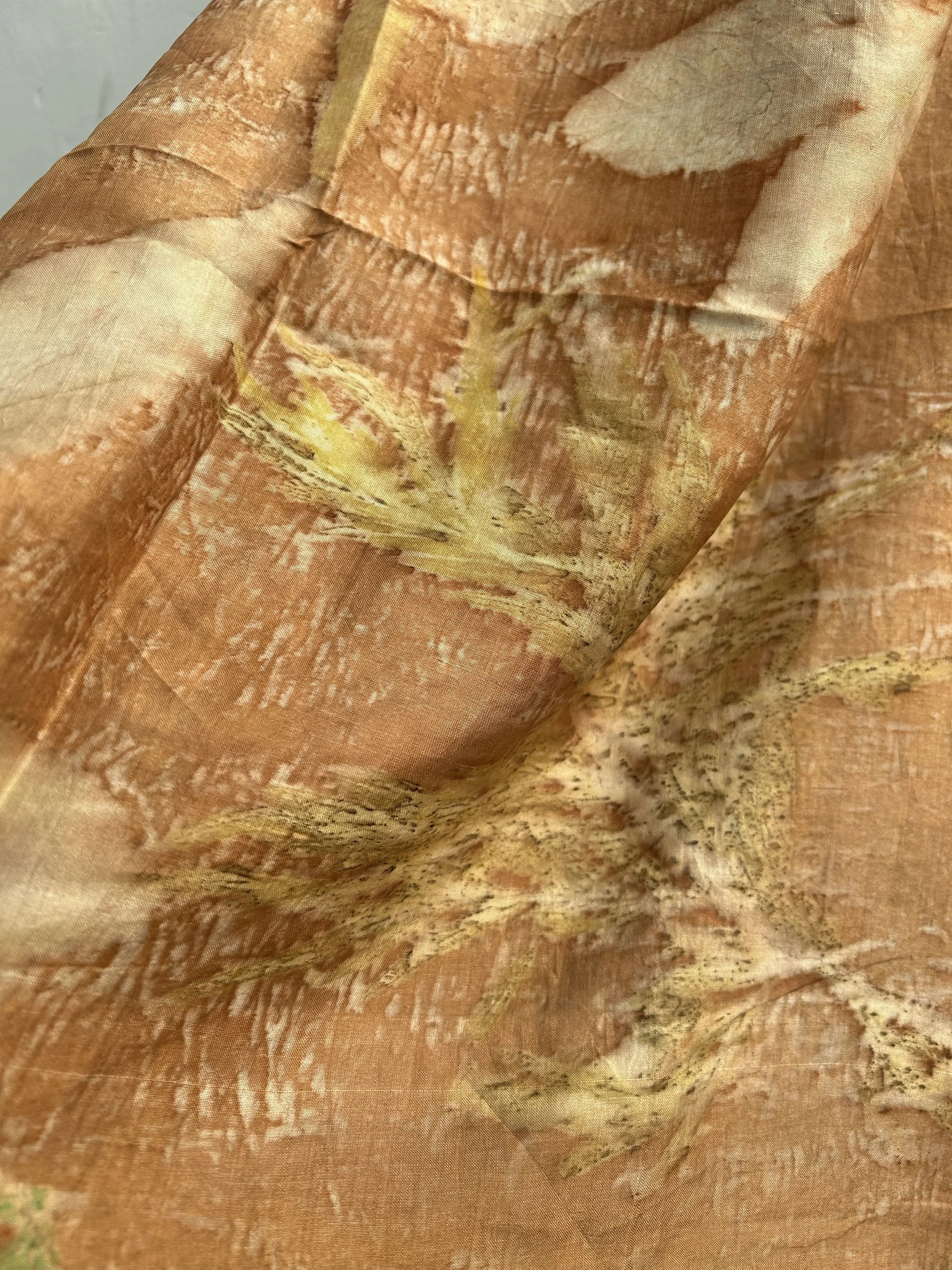 Closeup of Coral Carnation Eco Printed Pure Silk Scarf kokikar