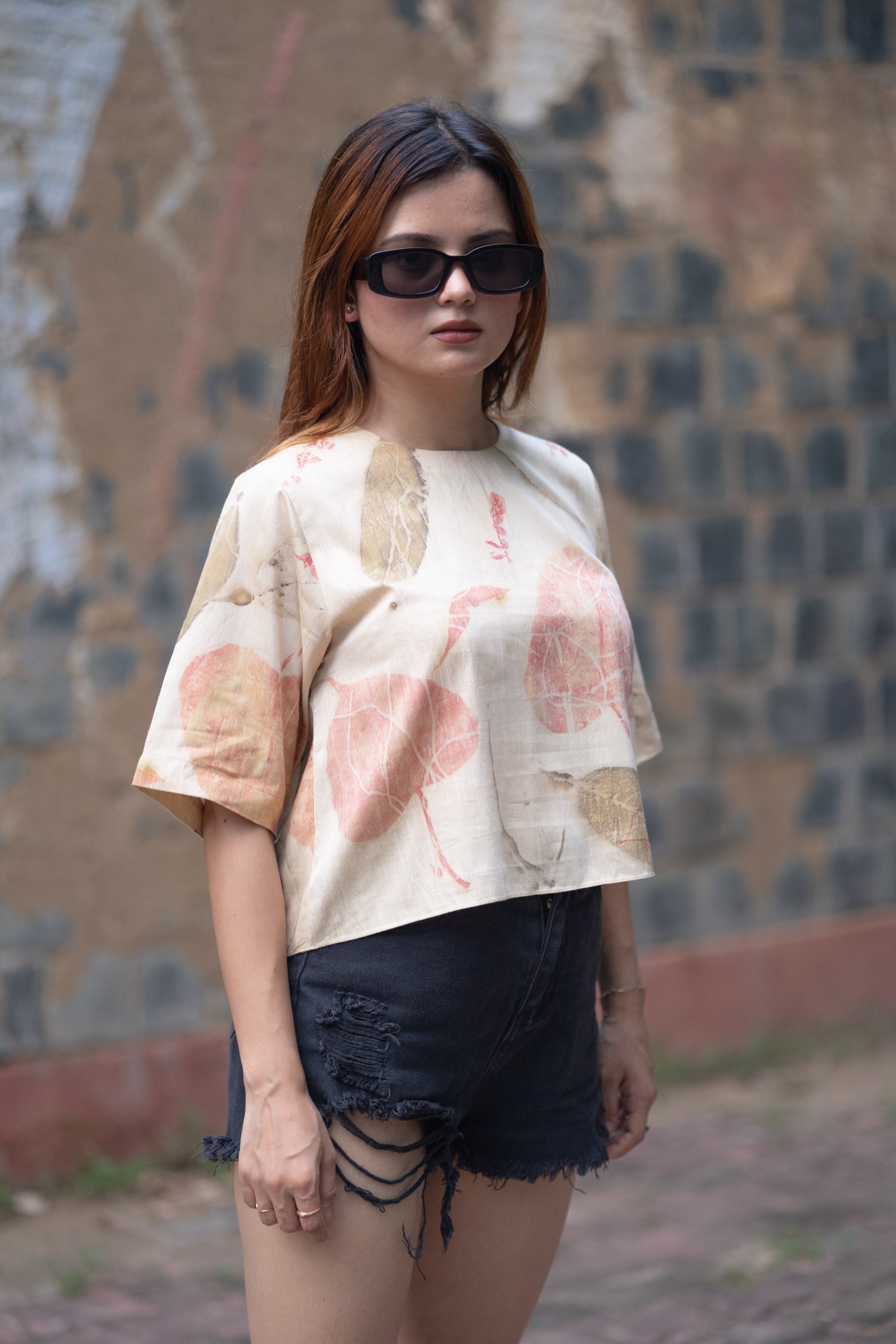 Cotton Silk Top with Peepal Leaves