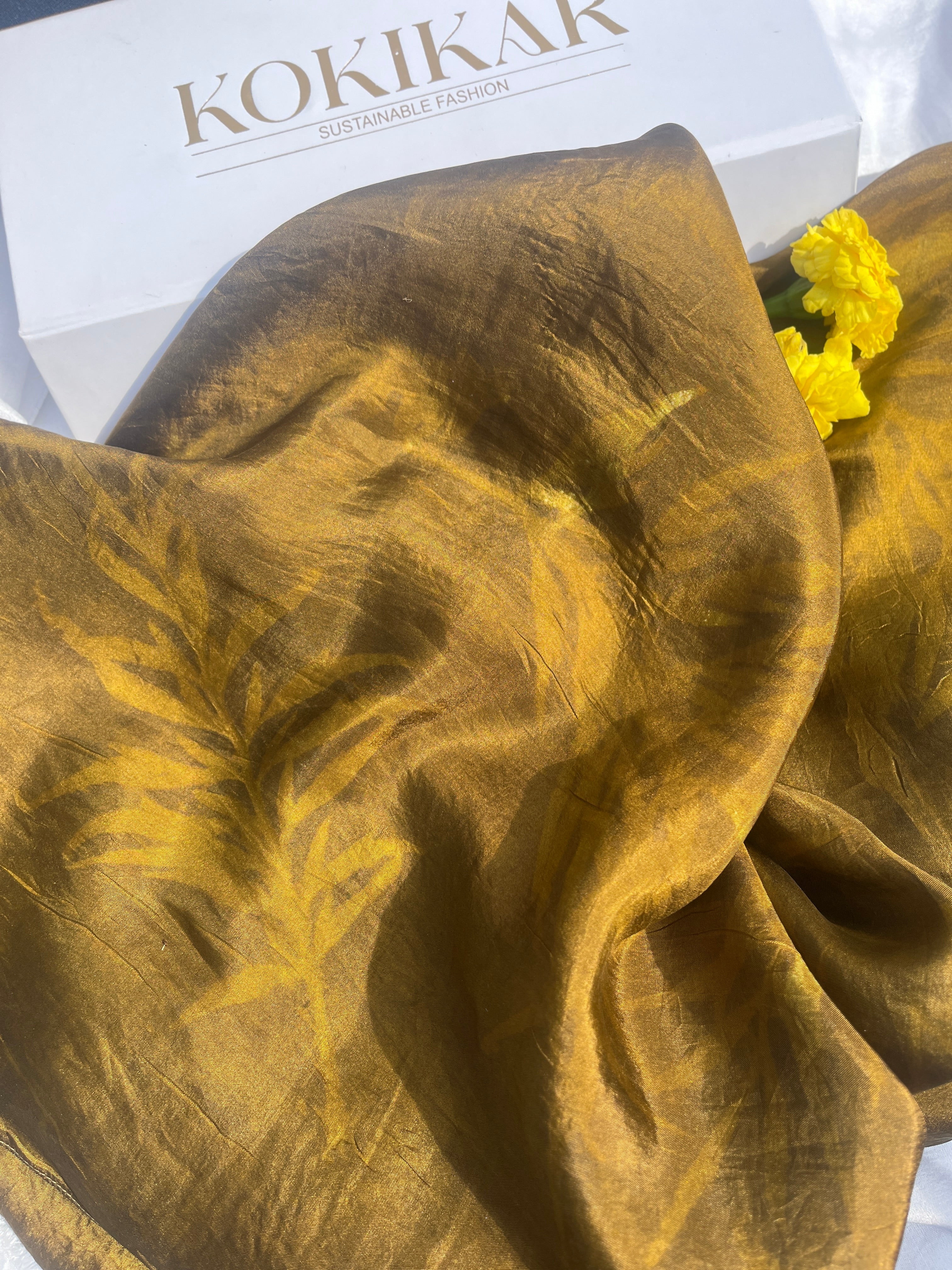 Red Marigold with Ferns Pure Silk Scarf