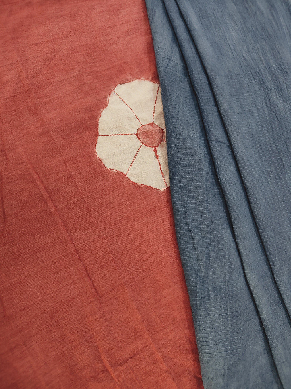 Dual Tone Ecoprinted Cotton Saree in red and blue by kokikar 