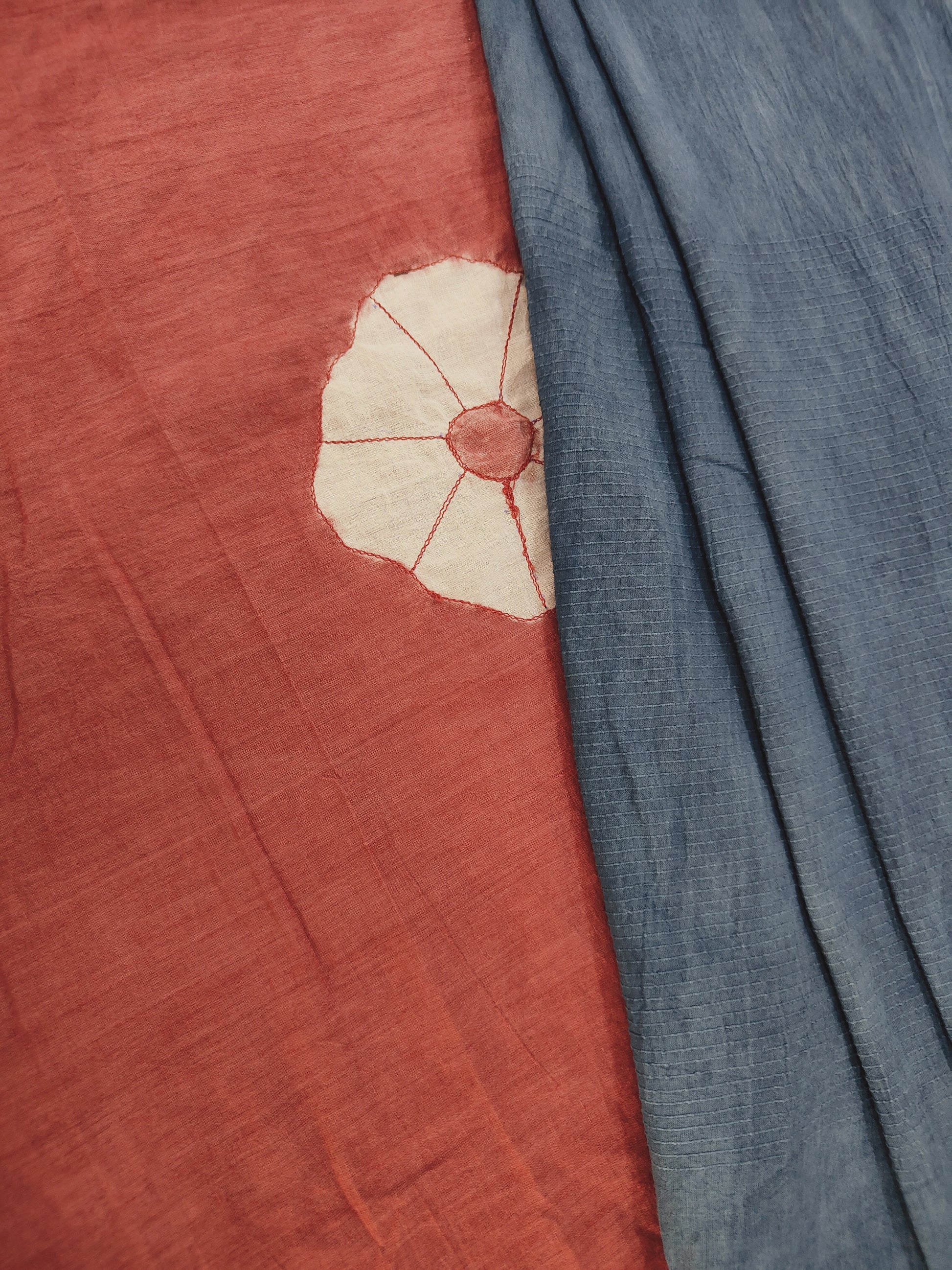 Dual Tone Ecoprinted Cotton Saree in red and blue by kokikar 