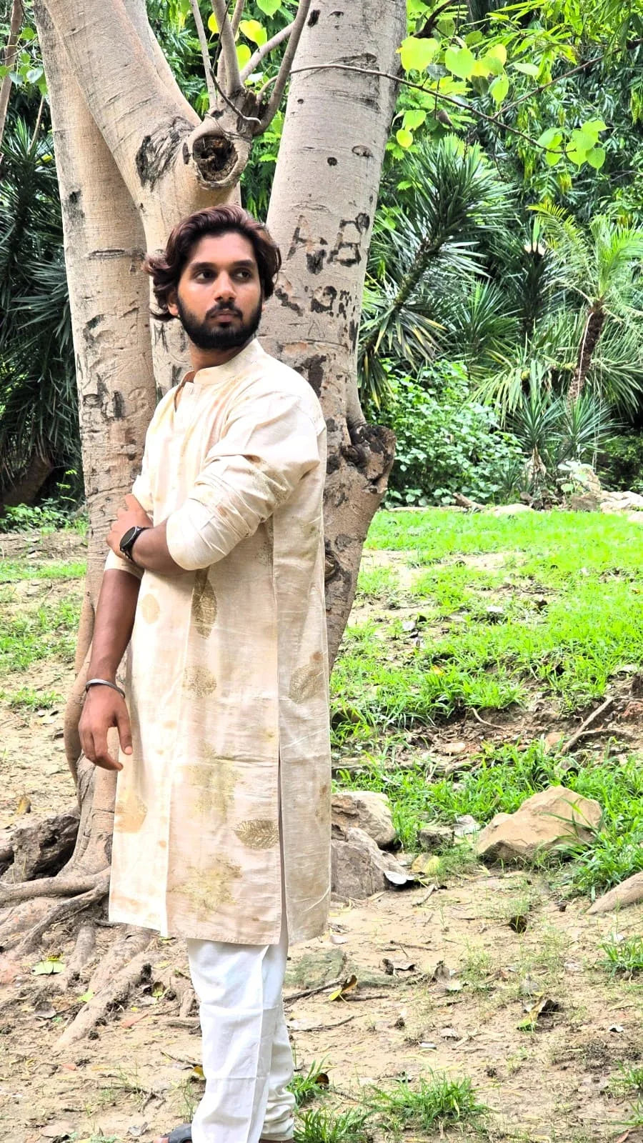 Ecoprinted Mandarin Collar Cotton Straight Kurta in front of kokikar tree