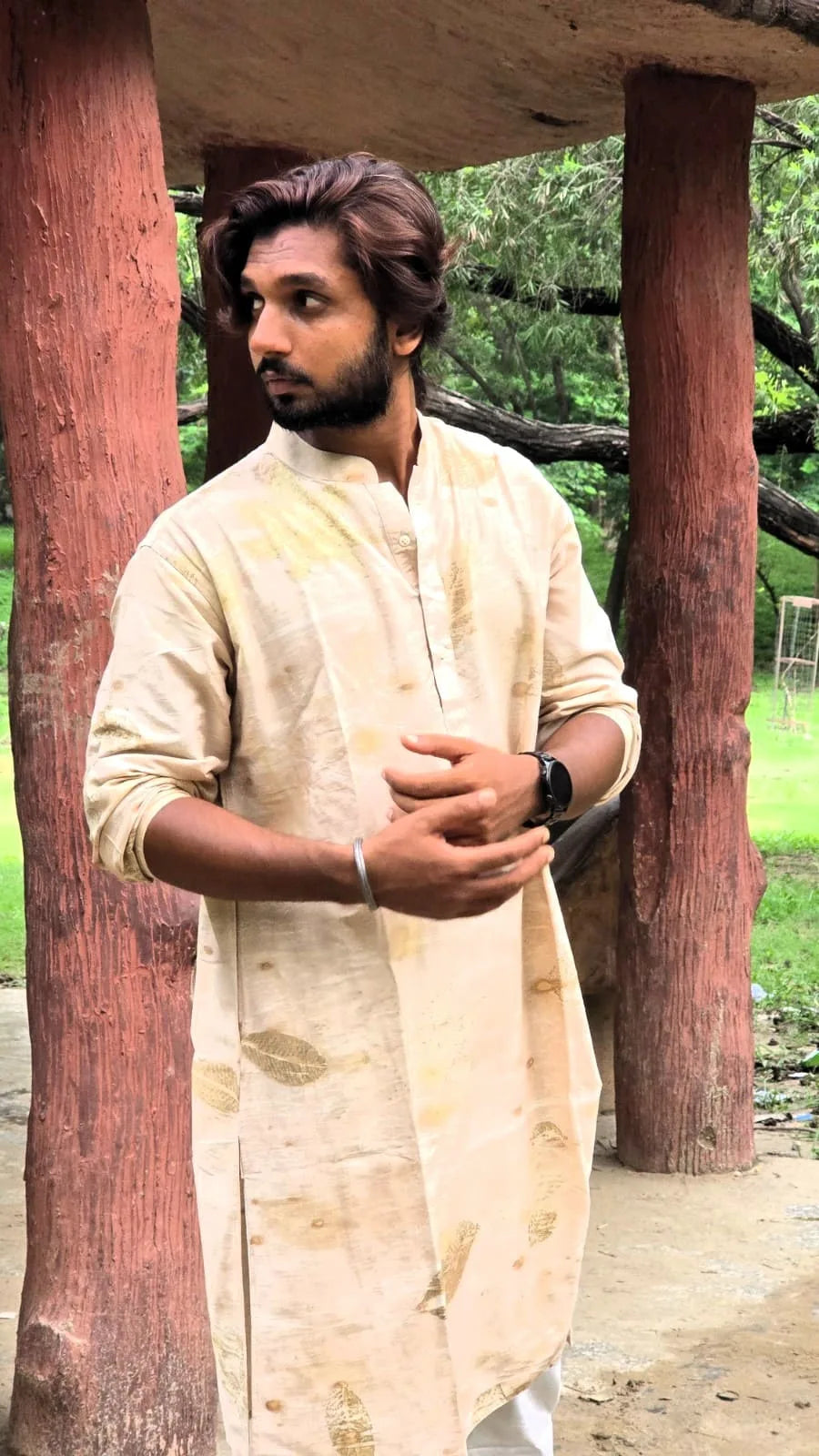 Ecoprinted Mandarin Collar Cotton Straight Kurta looking left side in kokikar garden