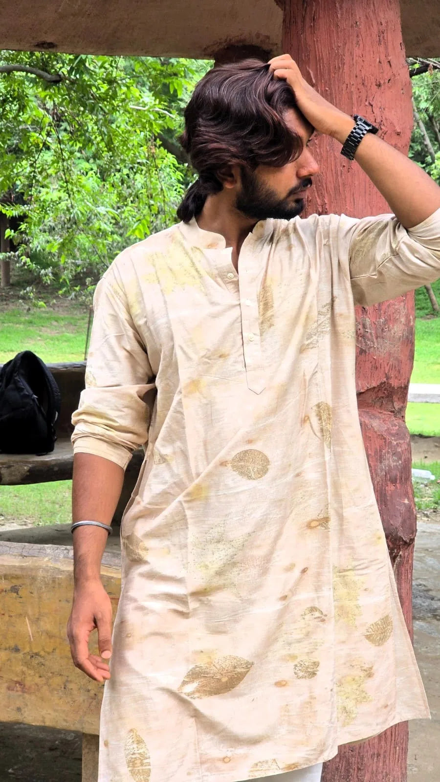 Ecoprinted Mandarin Collar Cotton Straight Kurta styling hair in kokikar garden 