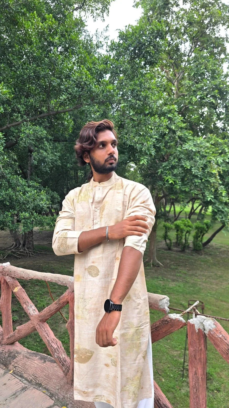Ecoprinted Mandarin Collar Cotton Straight Kurta standing in kokikar garden 