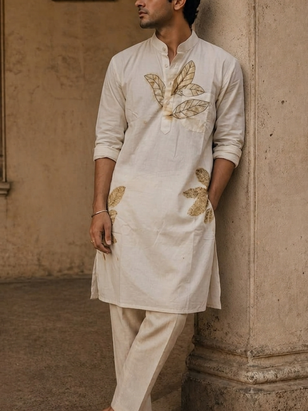 White Floral Threaded Cotton Long Kurta
