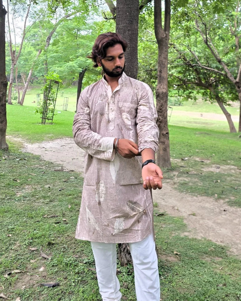 Ecoprinted Men's Mandarin Collar Regular Fit Kurta kokikar