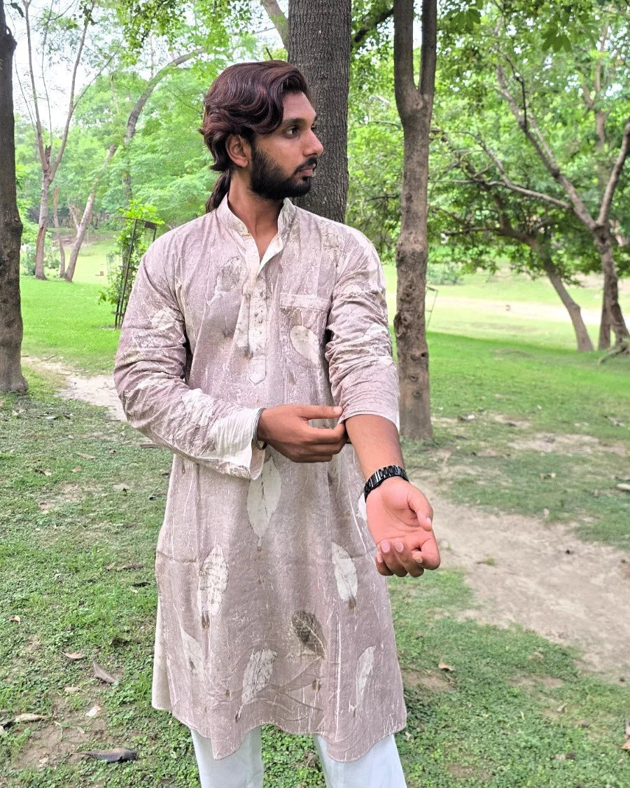 Ecoprinted Men's Mandarin Collar Regular Fit Kurta looking straight