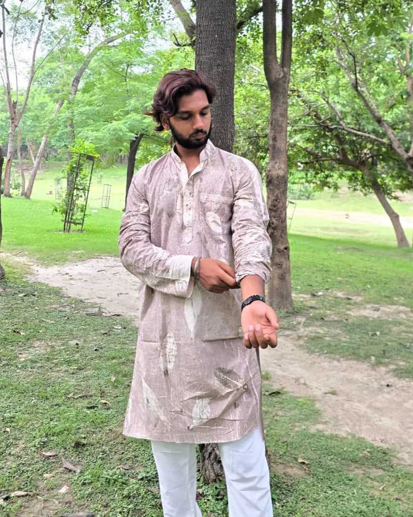 Ecoprinted Men's Mandarin Collar Regular Fit Kurta