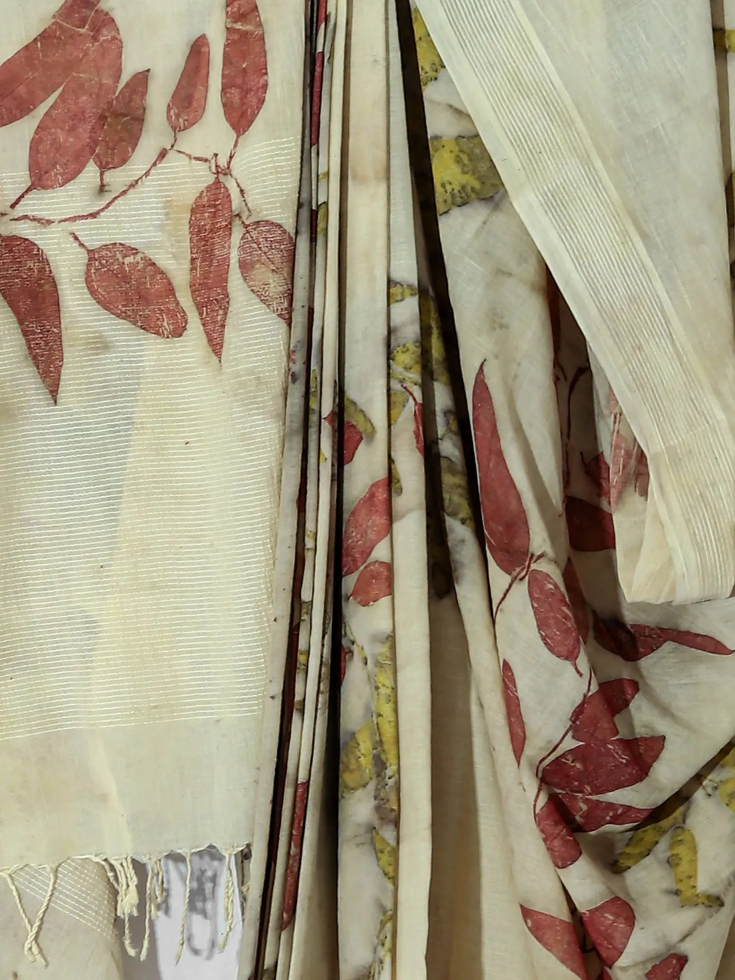 Close up of Eucalyptus Madder Ecoprinted  Cotton Saree by kokikar