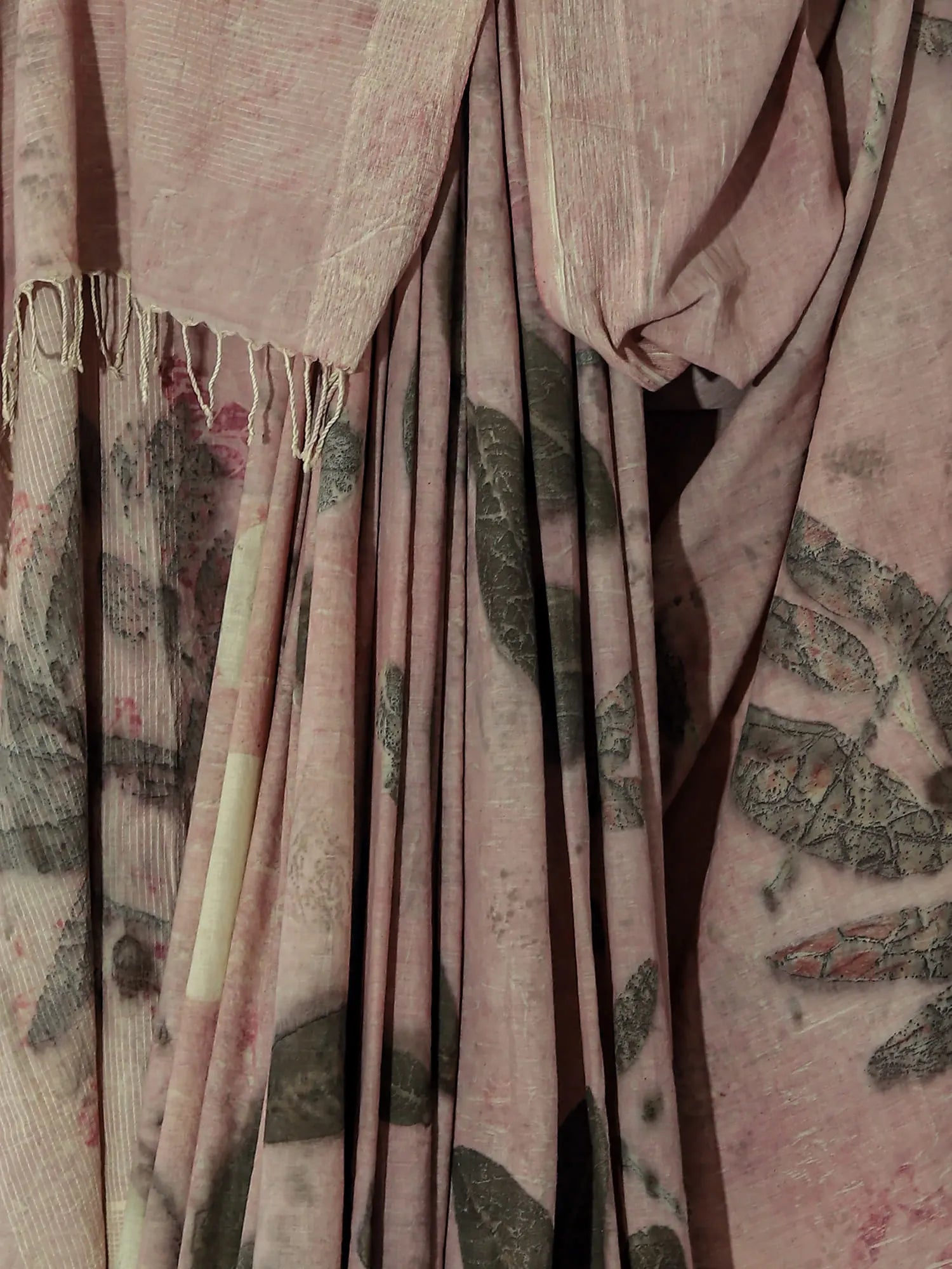 Close up of Eucalyptus Ecoprinted Mist Mulmul Cotton Saree