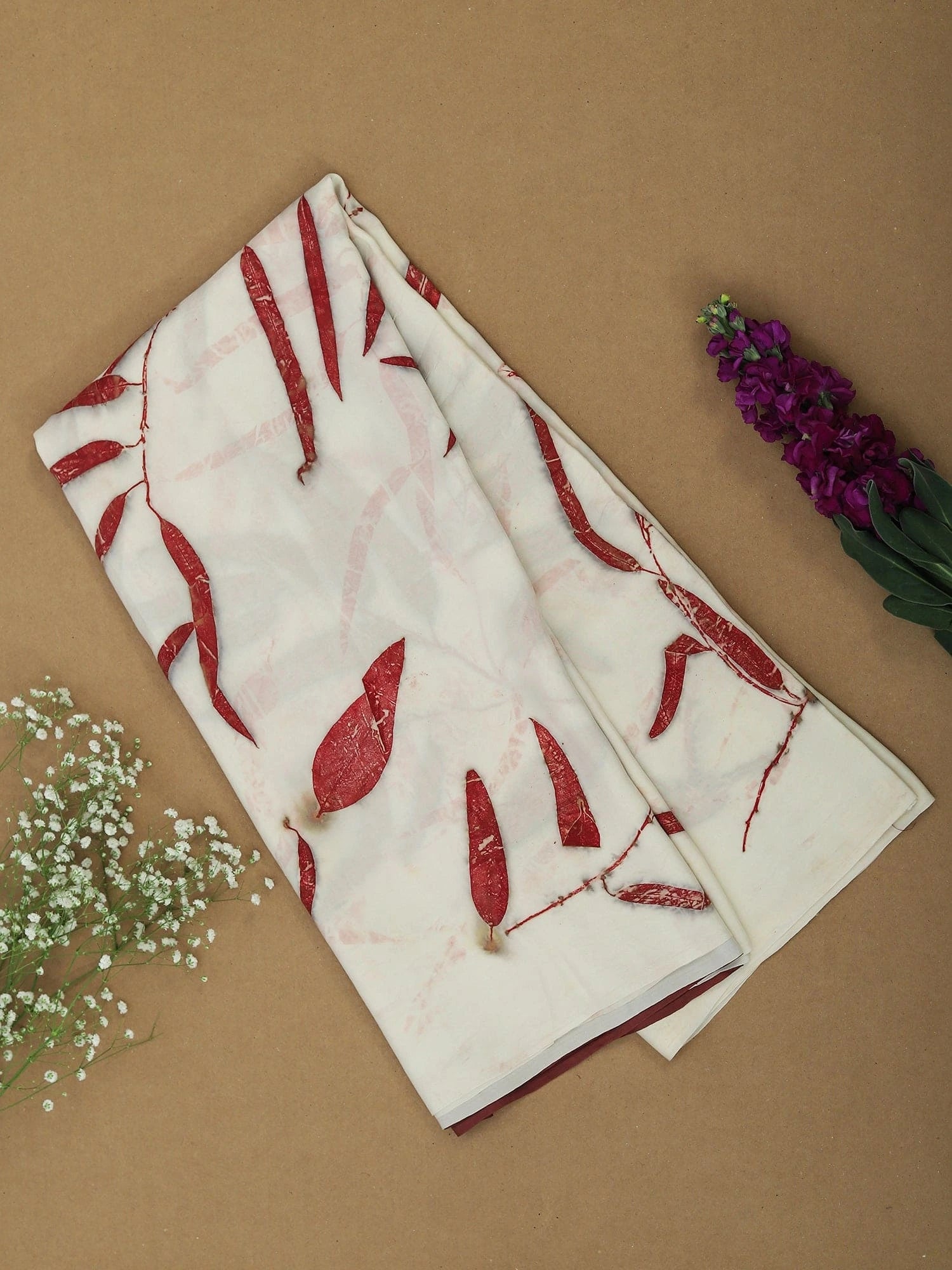 Eucalyptus Ecoprinted Pure Silk Saree on the floor 