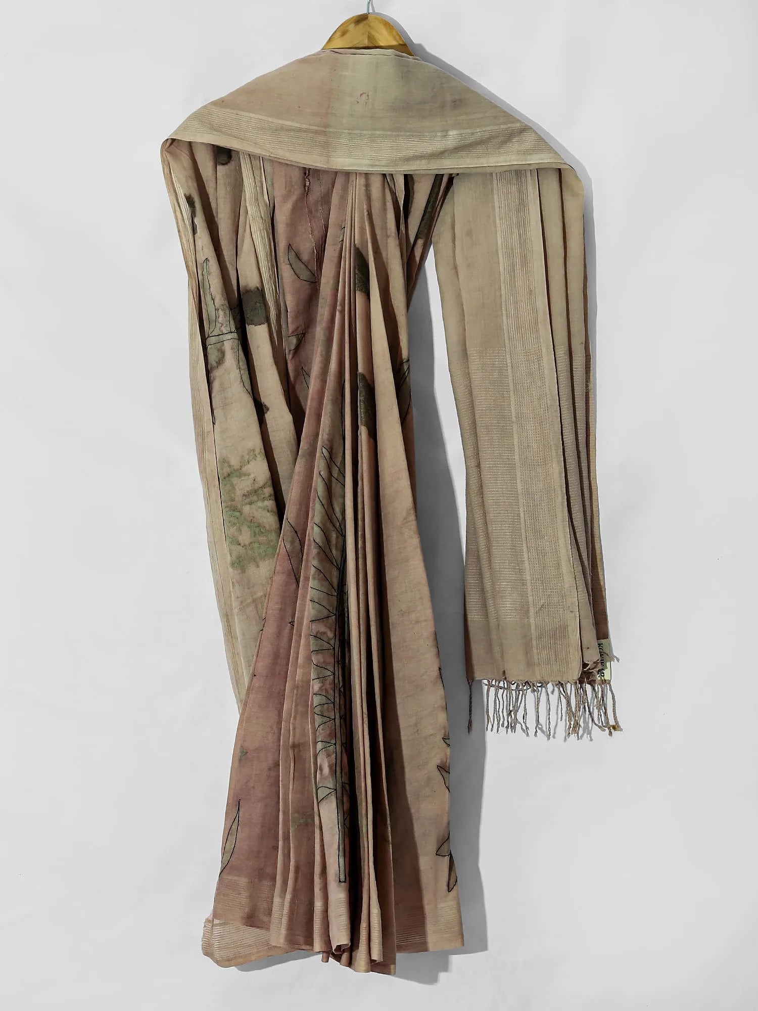 Fern Threaded Veil Ecoprinted Saree by kokikar drapped on hanger 