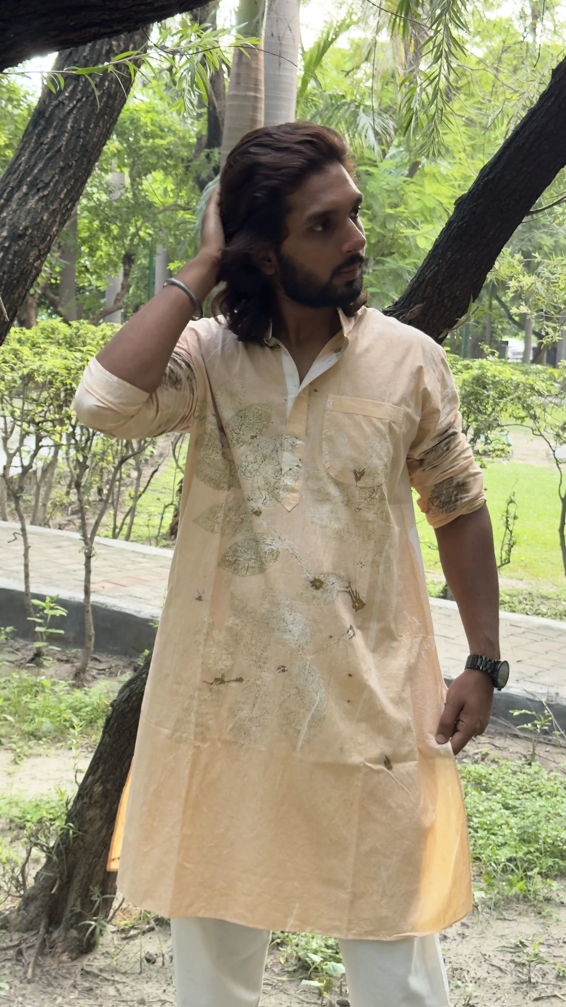 Floral Ecoprinted Men's Cotton Regular Fit Kurta styling hair in kokikar 