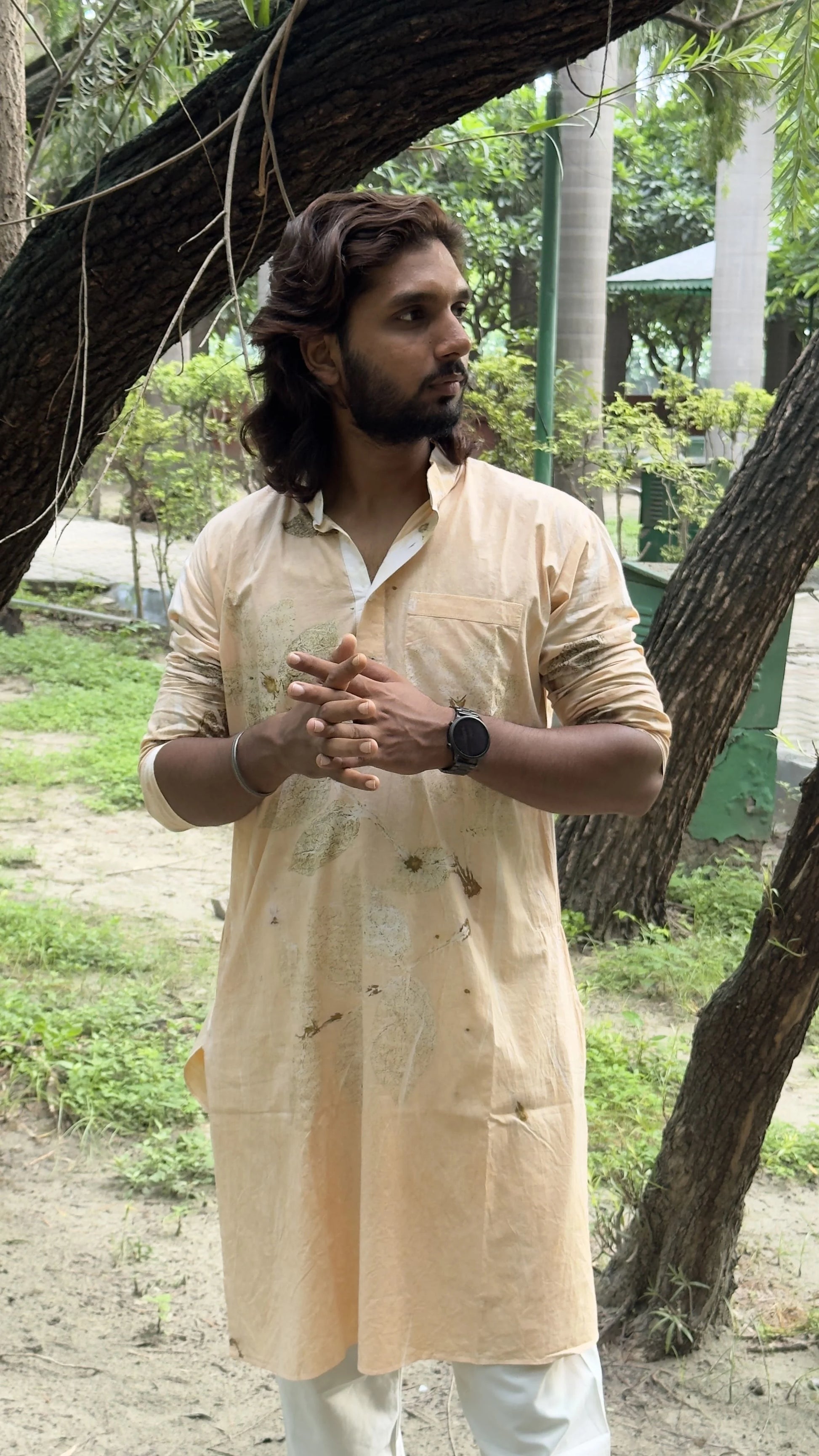 Floral Ecoprinted Men's Cotton Regular Fit Kurta with watch kokikar