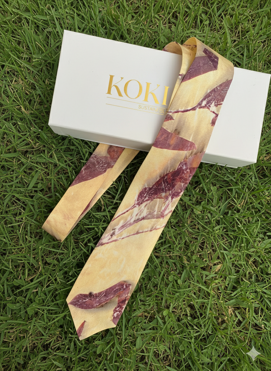 Marbled patterned tie with a KOKIKAR branded box on grass