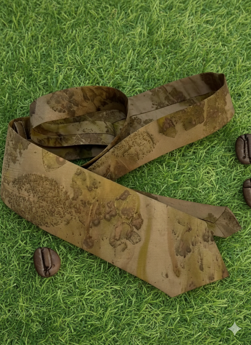 Camouflage-patterned tie on grass with coffee beans