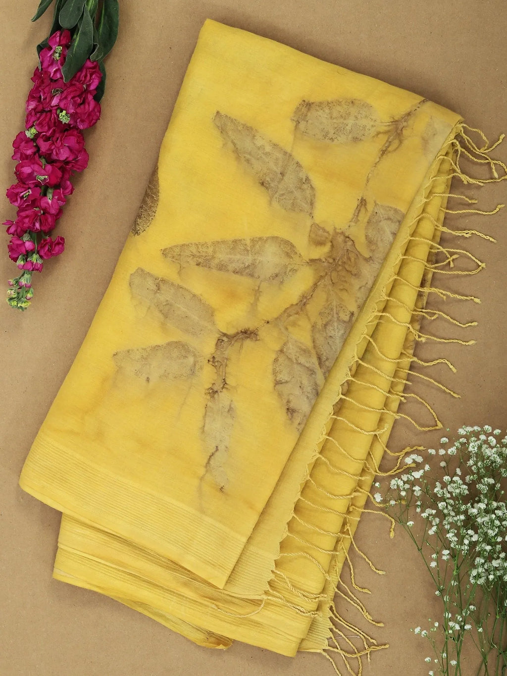 Yellow saree with ecoprinted Eucalyptus leaves