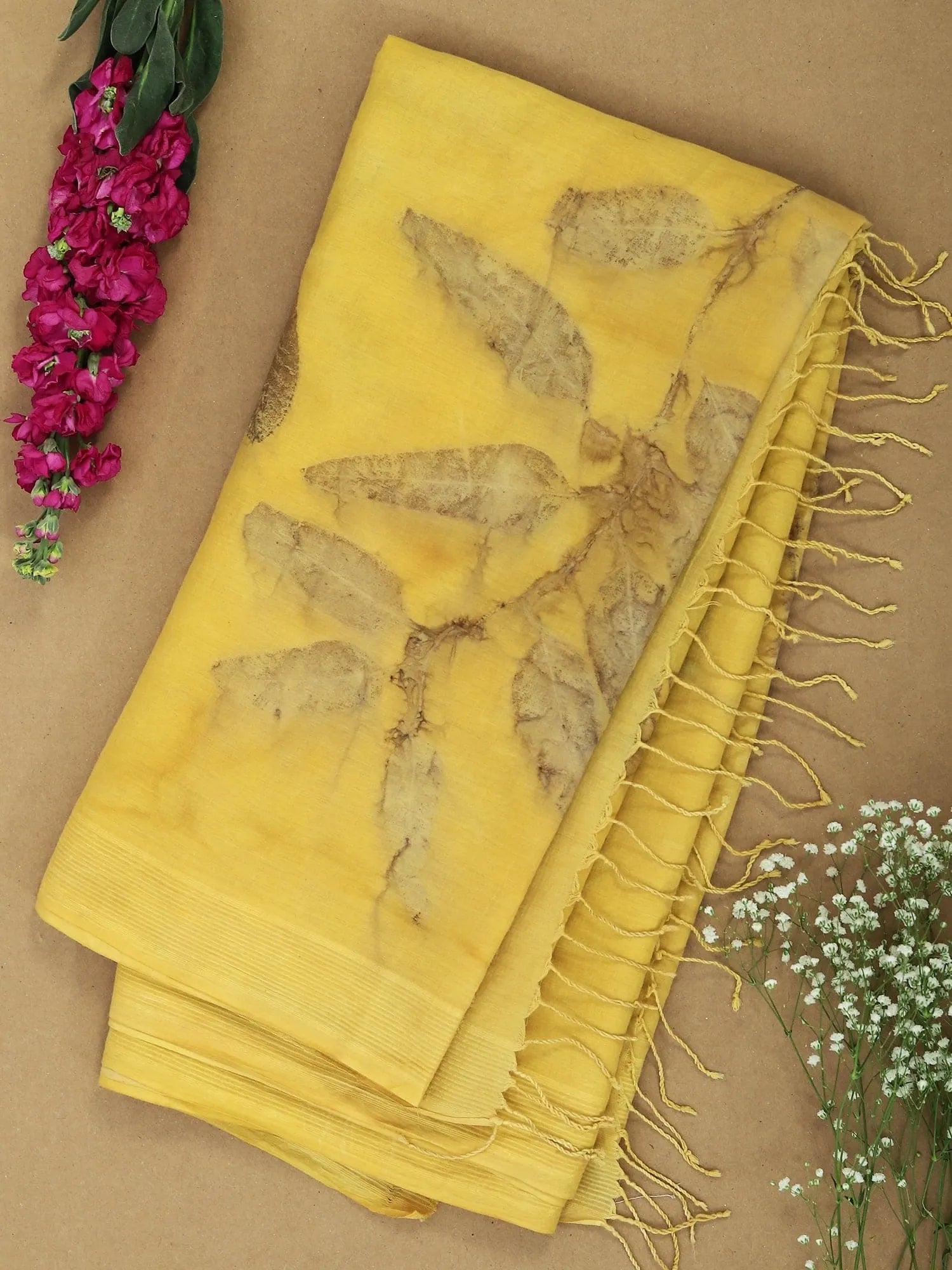 Yellow saree with ecoprinted Eucalyptus leaves