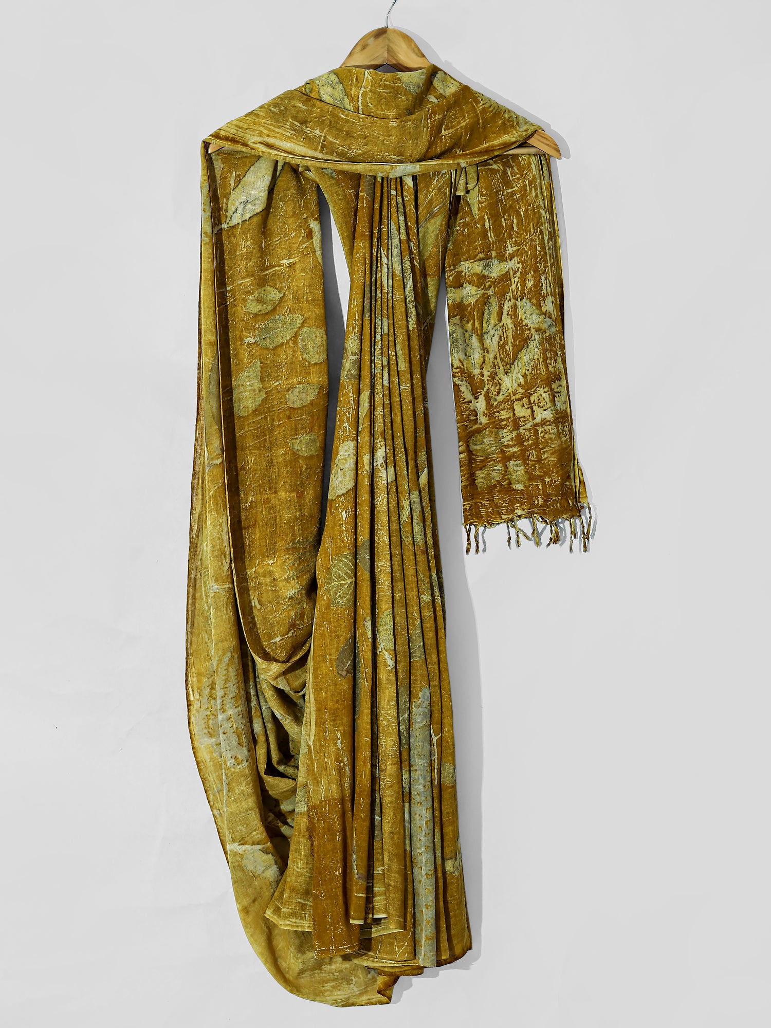 Draped ecoprinted eri silk yellow saree