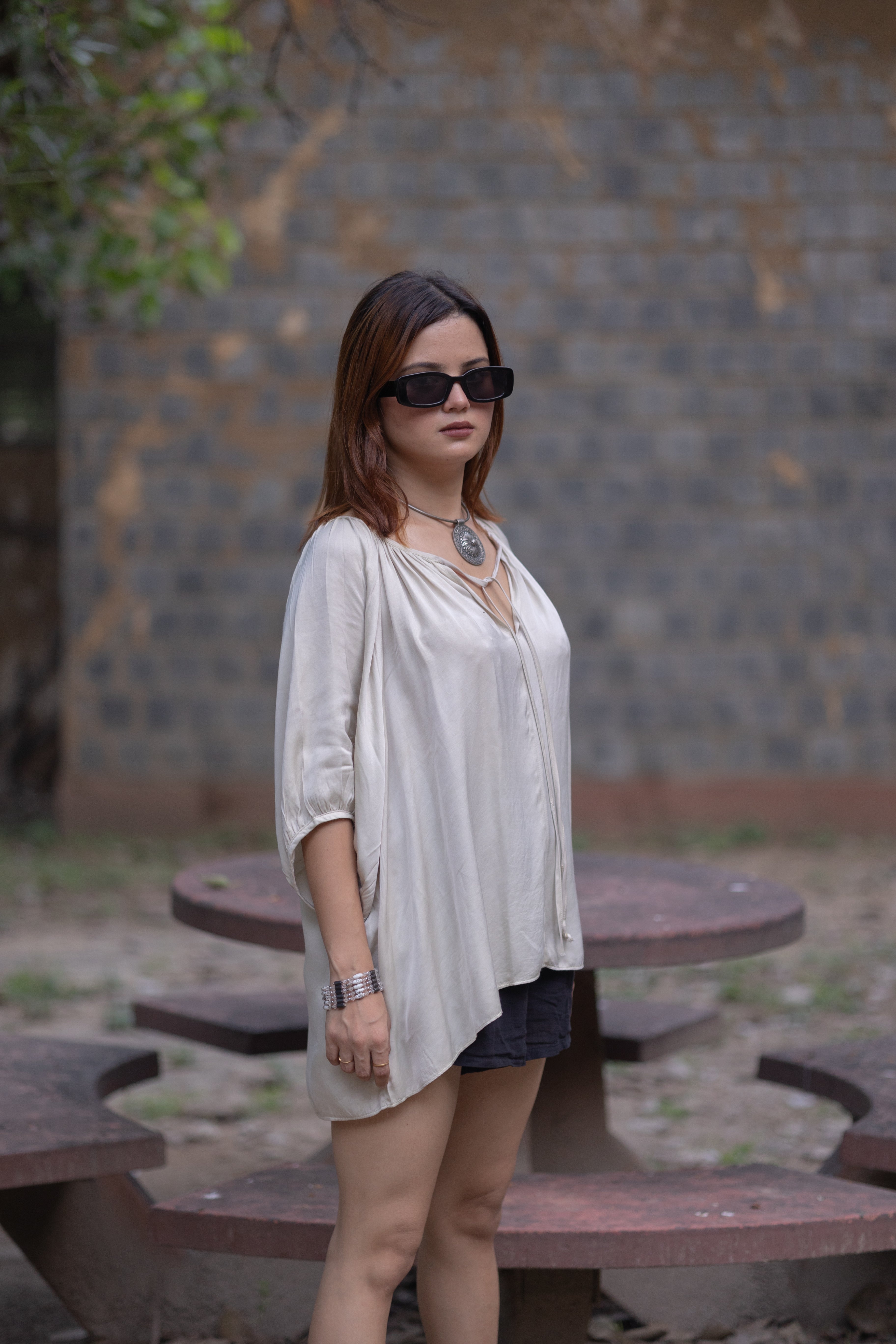 Grey Kaftan Flared Top with Front Strings