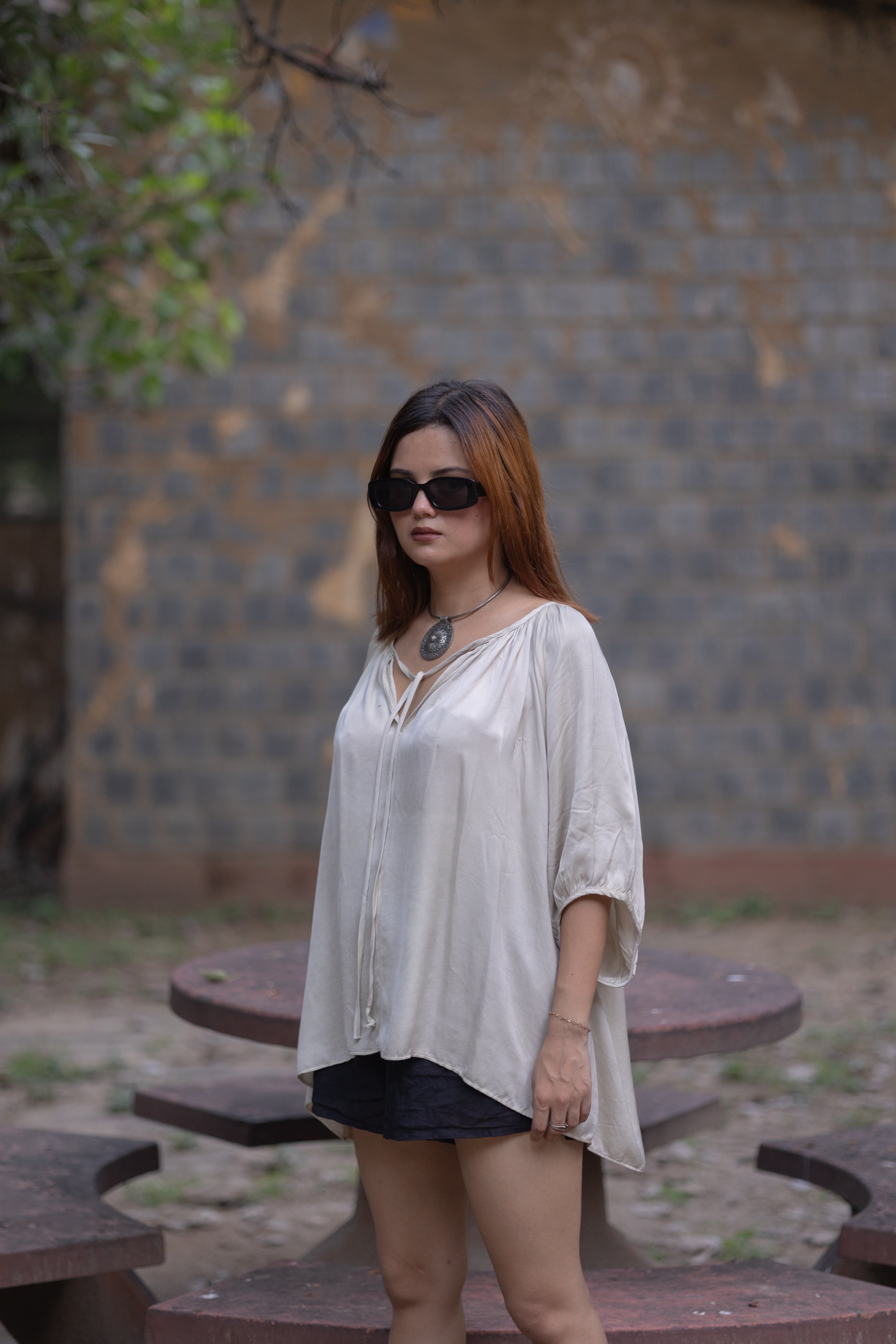 Grey Kaftan Flared Top with Front Strings