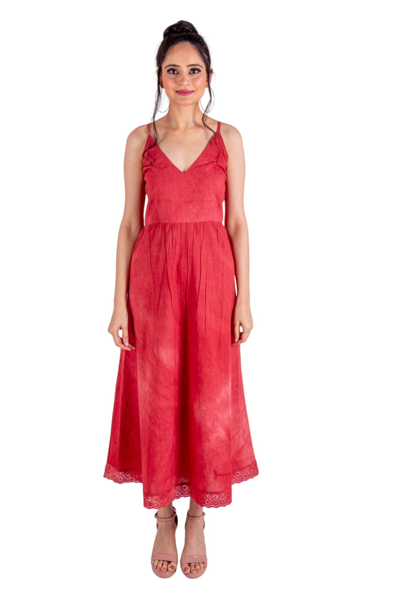Summer Cotton Red Ombre Dress With Side Pockets