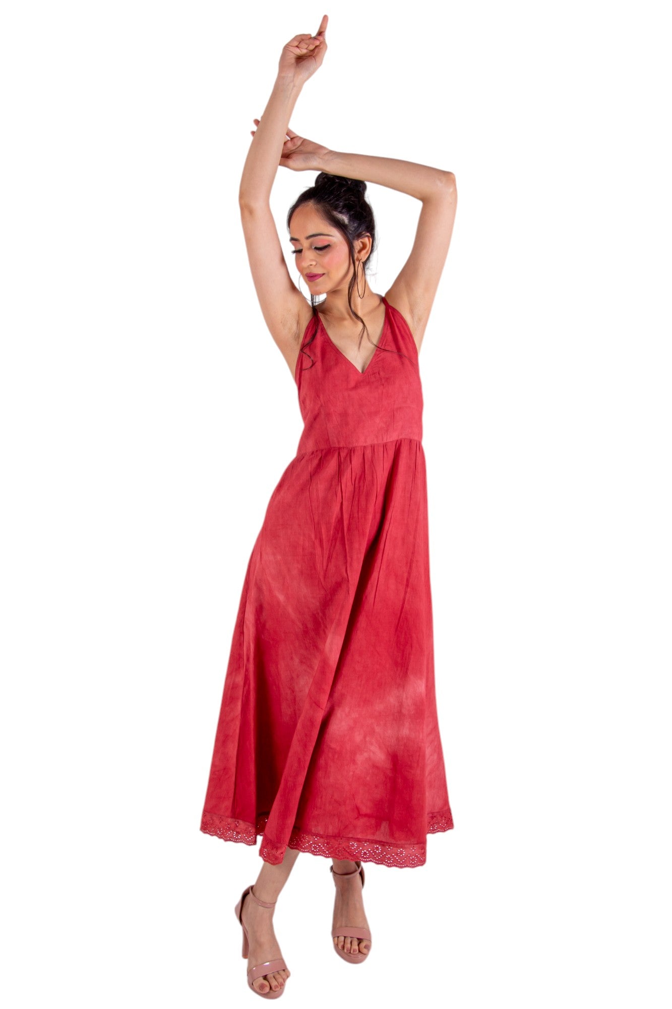 Summer Cotton Red Ombre Dress With Side Pockets