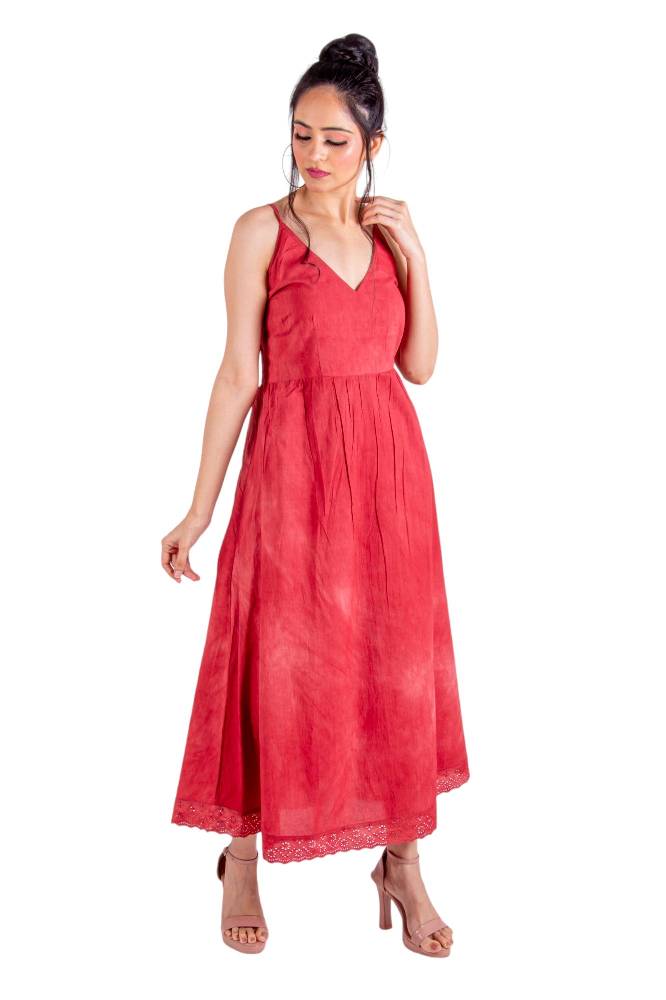 Summer Cotton Red Ombre Dress With Side Pockets