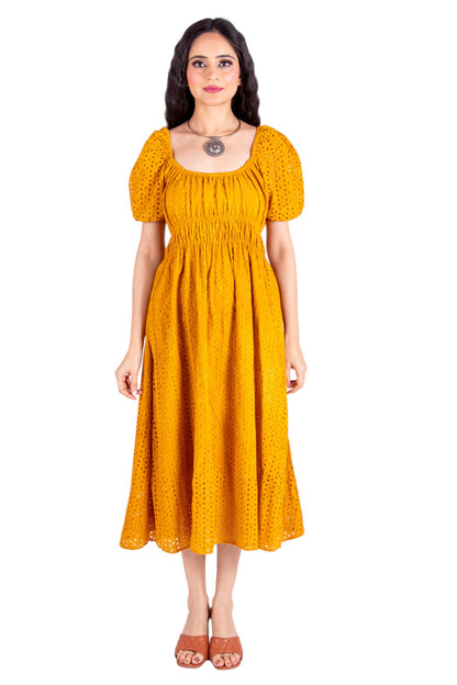 Schiffli Yellow Dress With Side Pockets